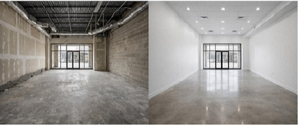 Retail build-out before and after showing Fast build schedules with tidy finishing and handover.